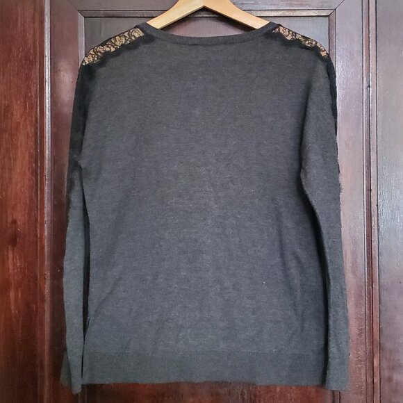 Loft charcoal gray cotton/silk blend sweater, eyelash lace sleeve inset - Picture 2 of 7
